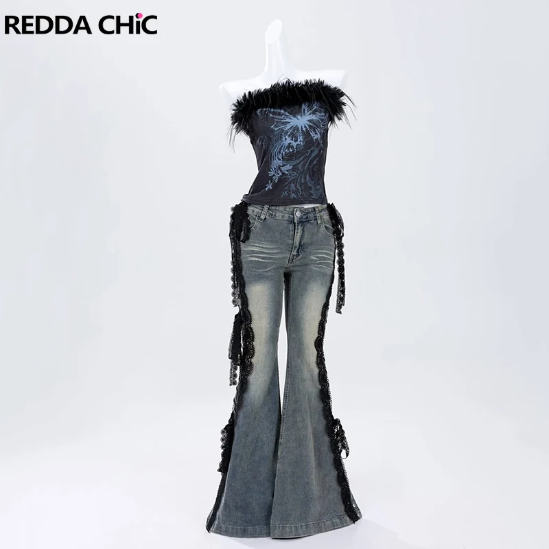 

REDDACHiC Low Waist Jeans with Split Side Street Retro Patchwork Lace Tight Stretchy Bootcut Pants Y2k Gyaru Women Bell Bottoms