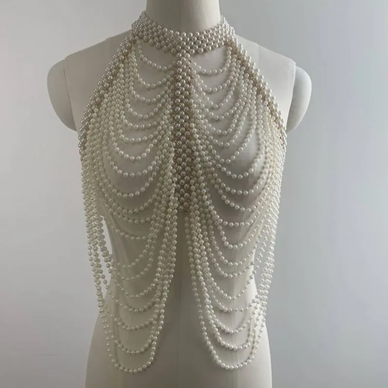 

P0273 Fashion Women Pearls Chain Necklace White Black Pearl Body Jewelry Harness Chains Clothing Accessories
