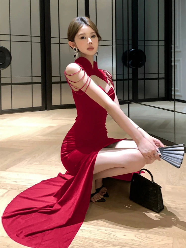 RORIRI เซ็กซี่ตัดพู่ Neo-จีน Cheongsam ผู้หญิง STAND COLLAR จีบ Bodycon แยก Mermaid ชุดยาว Retro PARTY ชุด