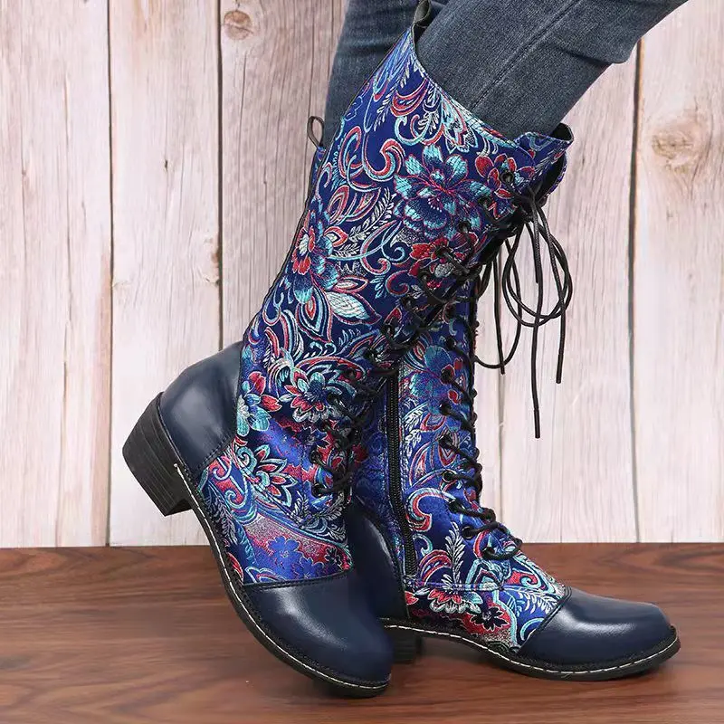 New Leac Up Embroidery Flowers Knee High Boots Women Ethnic Retro Chunky Heel Large Size Knight Boots 2022 Autumn Botas De Mujer