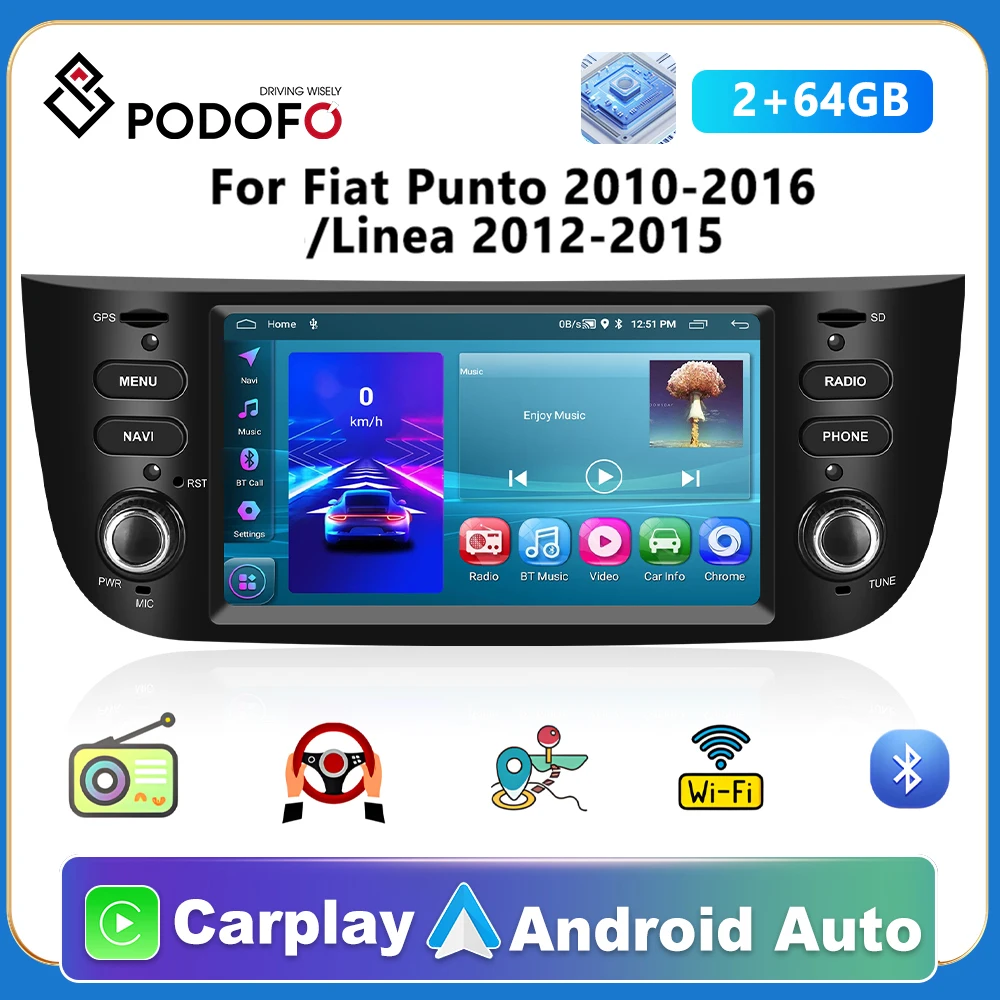 Podofo Carplay Android auto Car Radio Stereo GPS BT USB Player FM Radio Receiver For Fiat Punto 2010-2016/Linea 2012-2015