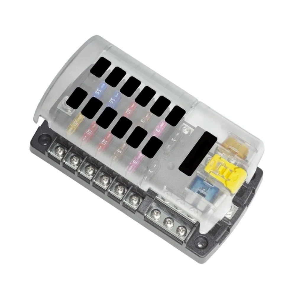12-Circuit Fuse Distribution Unit with Ground Terminal and Cover for Car RV Boat and Marine Electrical Integration