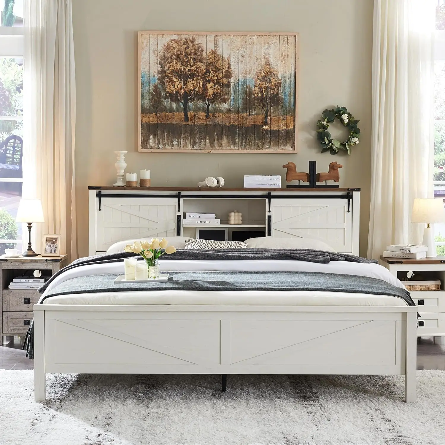 Queen Size Bed Frame w/Storage Bookcase Headboard, Sliding Barn Door, Charging Station, Rustic Wood Platform Bed