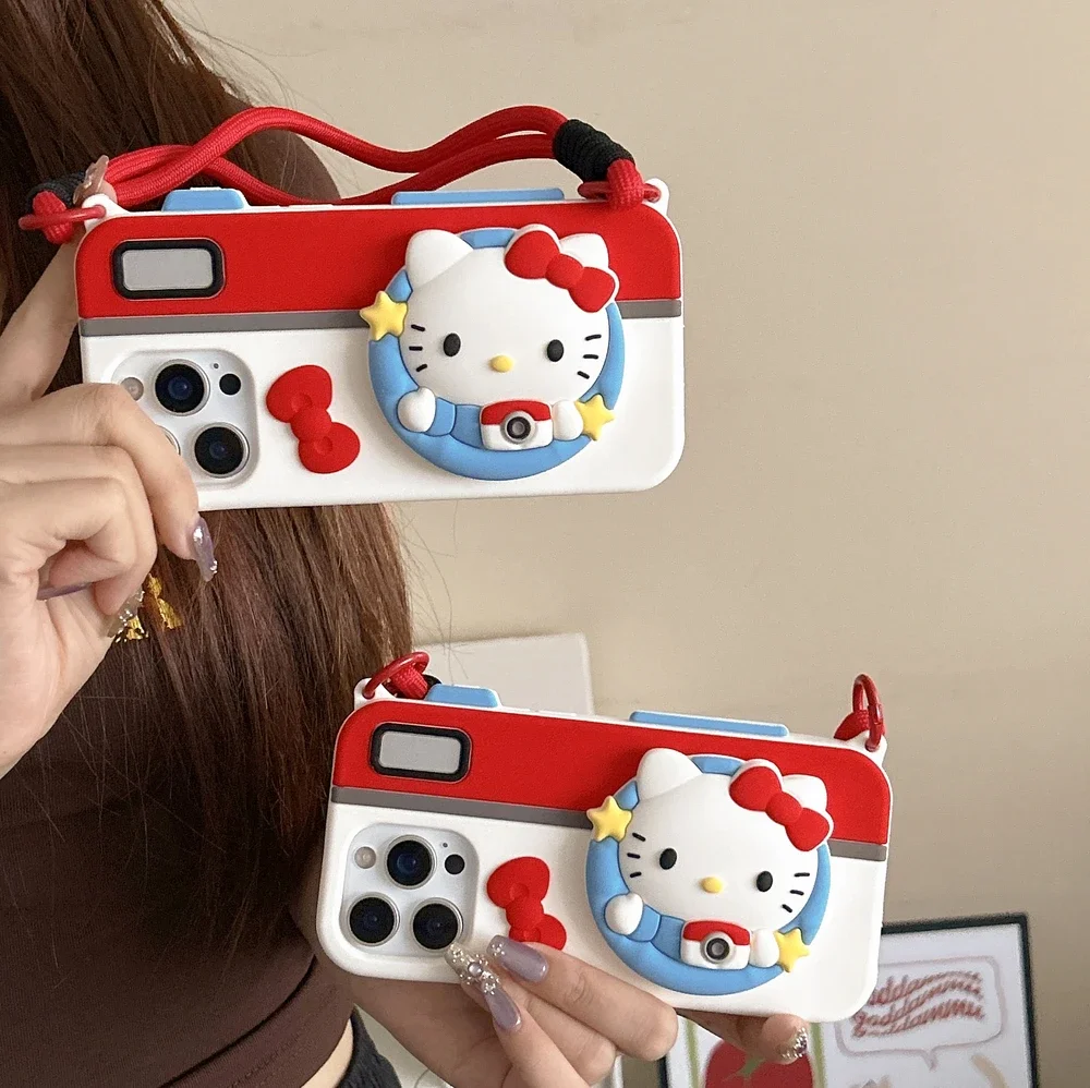 

Милый мультяшный чехол Sanrio Hello Kitty с ремешком для камеры, 3D стереоскопический чехол для телефона для iPhone 16, 15, 14, 13 Pro Max, мягкий силиконовый чехол