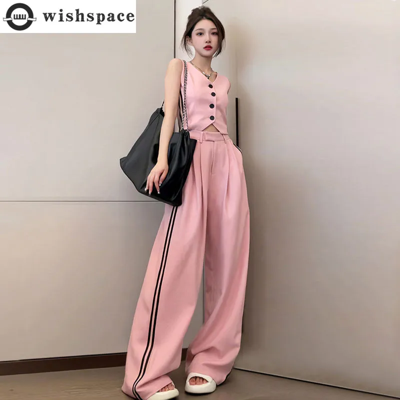 

Casual Fashion Sports Set Women's Summer Street Explosion Age Reducing Western Style Sleeveless Wide Leg Pants Two Piece Set