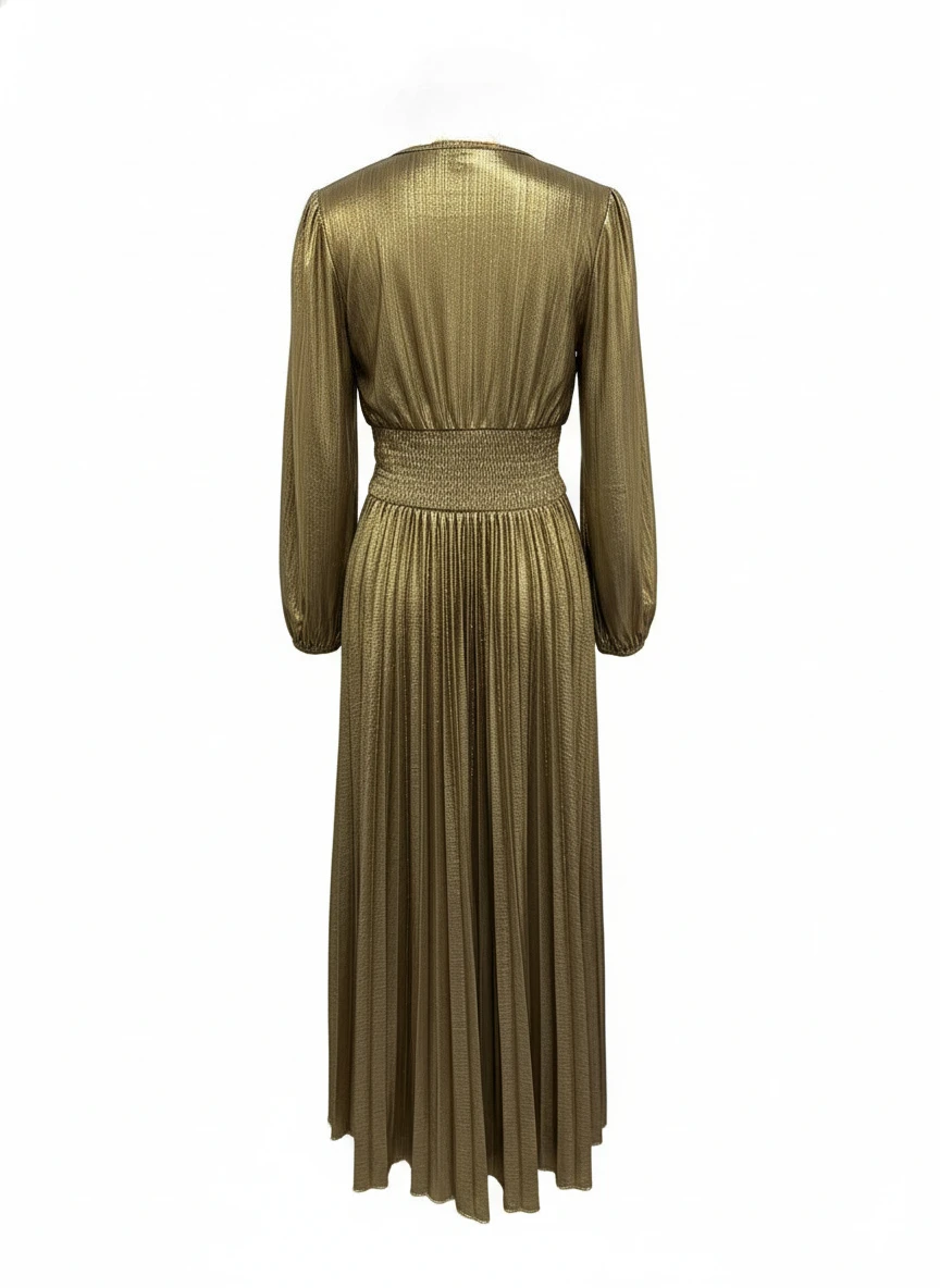 Abiti lunghi eleganti per feste di ballo di nozze Abiti da donna con scollo a V pieghettati 2025 Abito da festa in oro con maniche lunghe primavera autunno