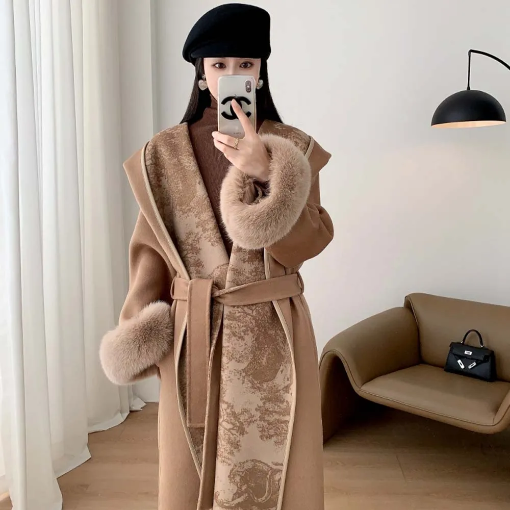 

Korea Mid-length Vintage Women Outerwears Hooded With Belt Wool Blend Coats Tops Elegant Casual Warm Snow Wear Jackets