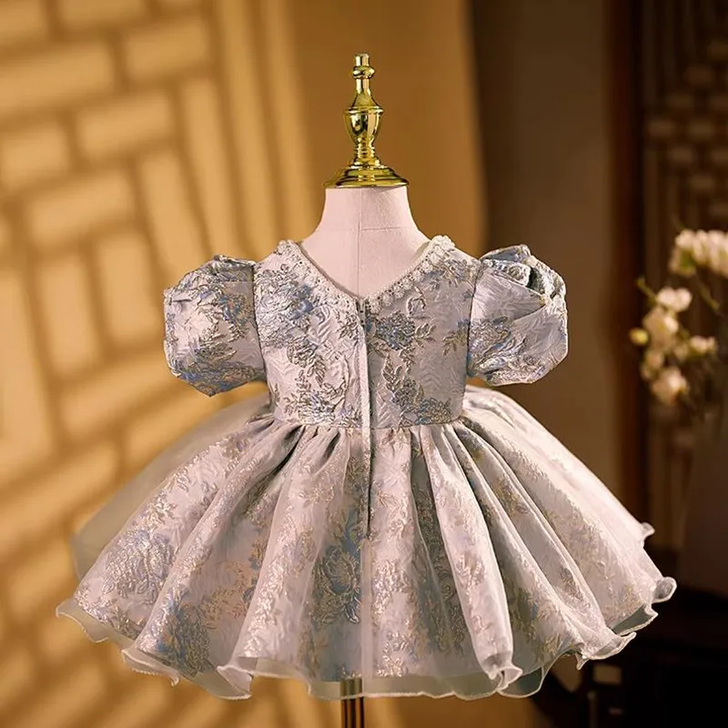 Girls Spanish Floral Pearls Ball Gown Baby Lolita Princess Dresses Infant Birthday Christening Dress Girl Boutique Clothes A1354