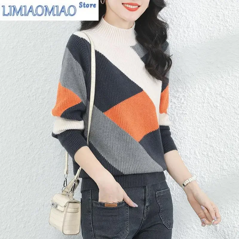 

Autumn/Winter Fashion Korean Edition Spliced Contrast Half High Neck Loose Versatile Western Knitted Long Sleeve Sweater