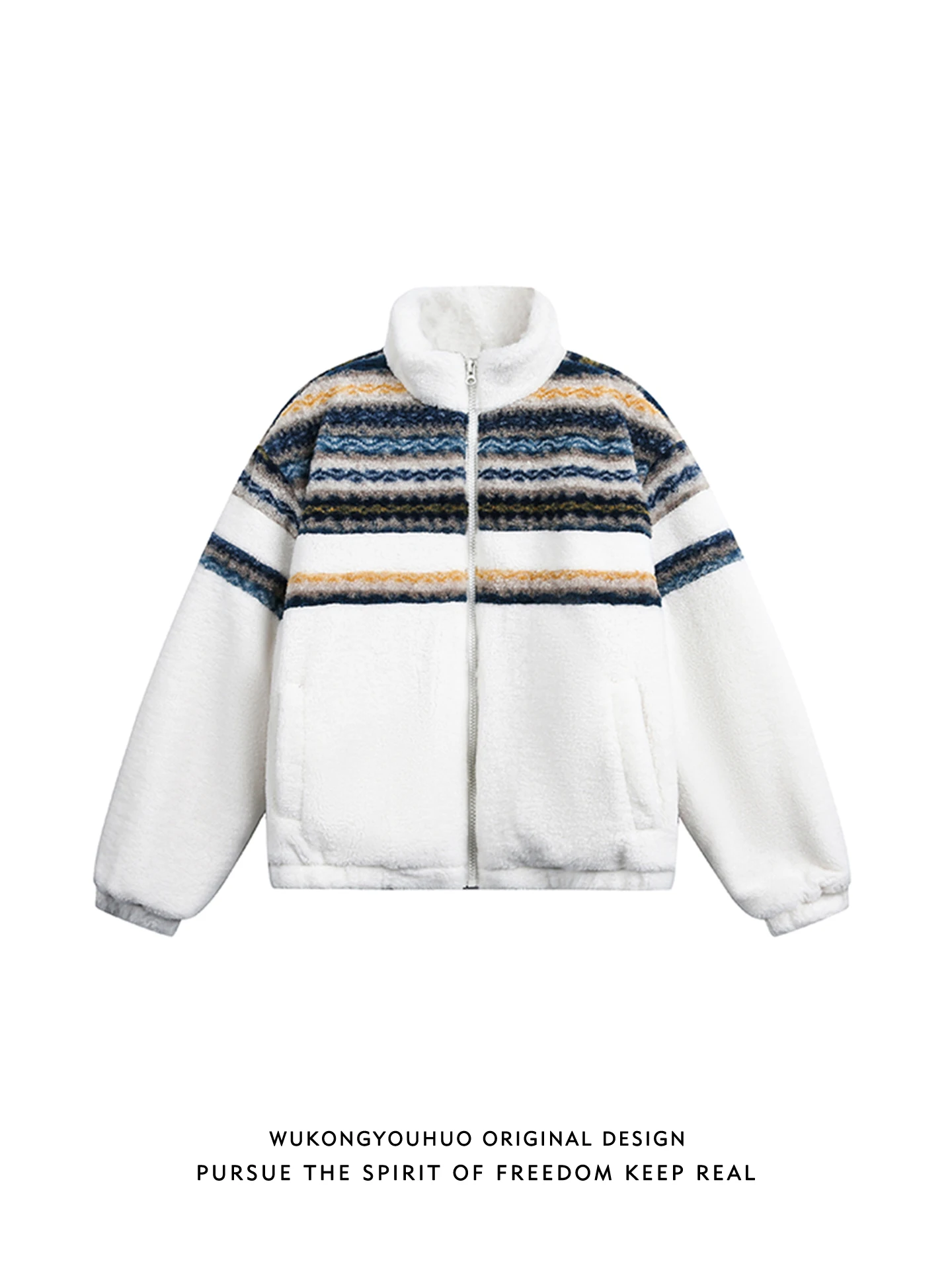 

Warmth And Sle: Men's And Women's Loose Fit Lamb Fur Cotton Jaet with Stripes Vintage Ethnic Trendy Brand Winter Outerwear