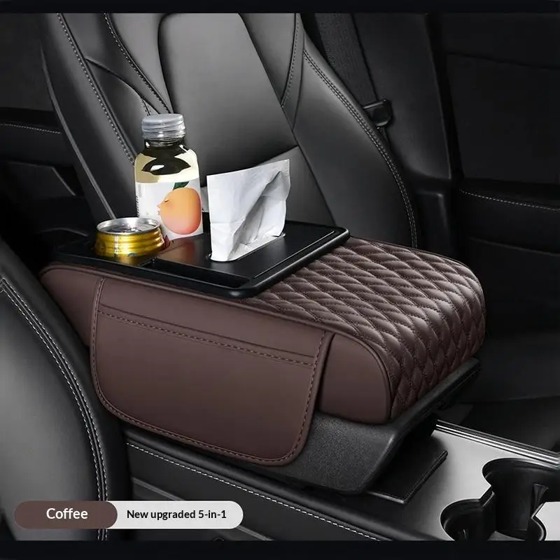 Comfortable Quilted Leather Car Armrest Heightening Pad With Cup Holder Tissue Pocket Easy to Install Auto Pad