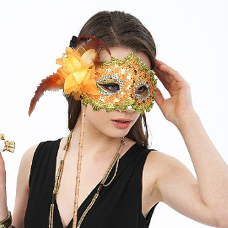 Mulheres meninas rendas bordado máscara de máscaras com vara portátil halloween cosplay festa traje acessórios palco dança adereços
