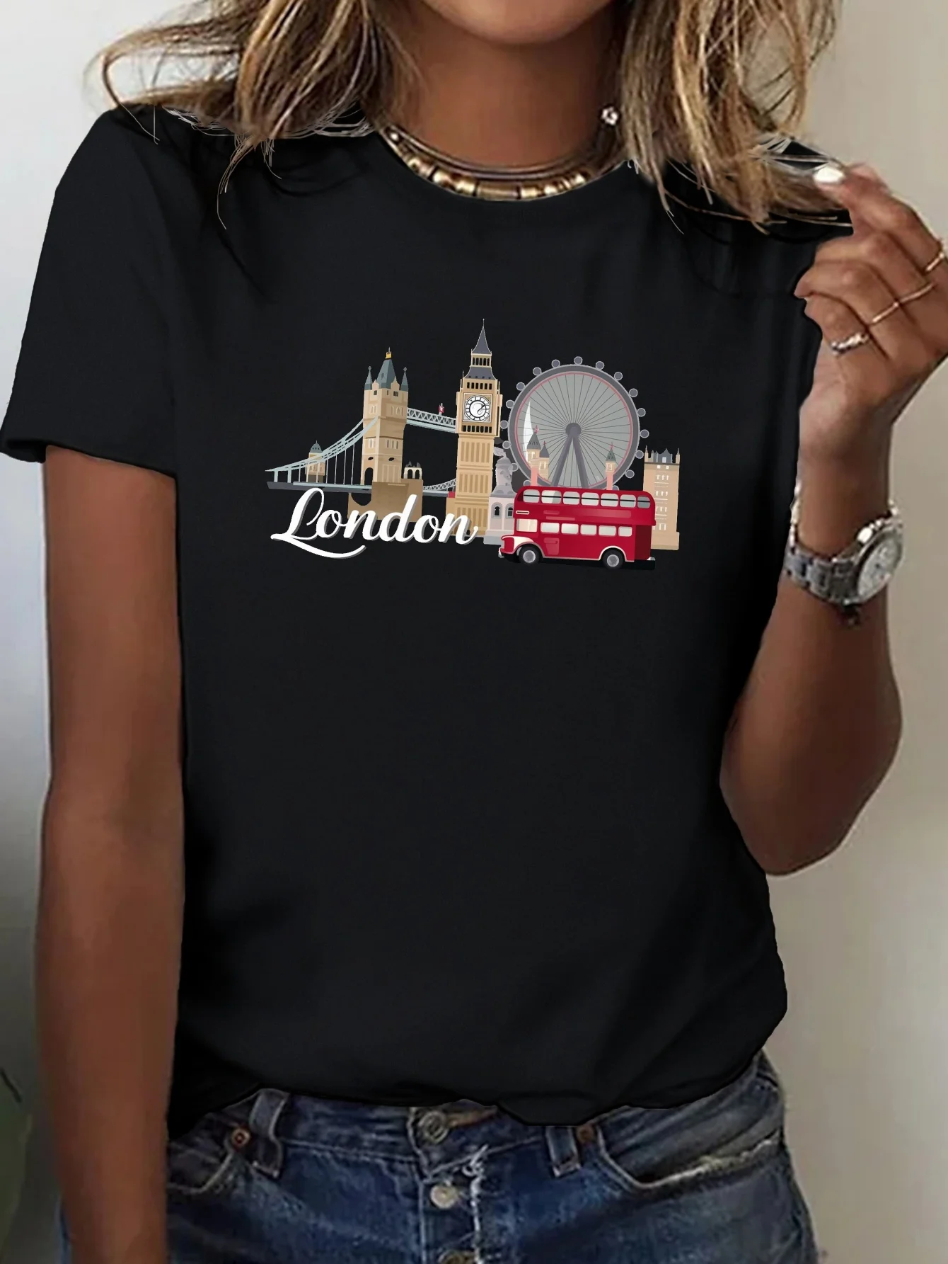 London Landmarks Illustration Print T-shirt Women's Harajuku Short Sleeve Casual Women's T-shirt Clothing Street Tops Tees Y2K