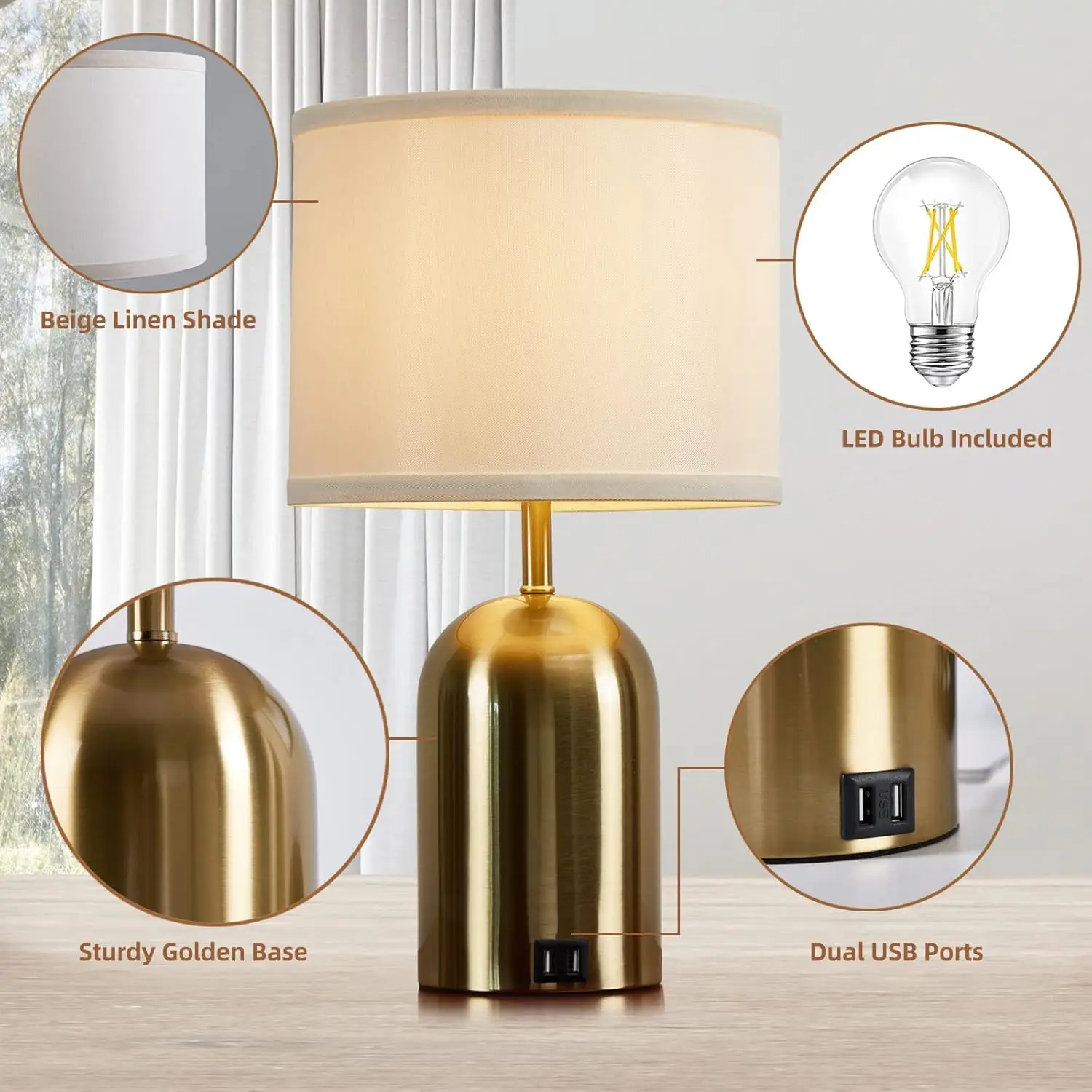 Set di 2 lampade da tavolo Gold Touch Control con ricarica USB, dimmerabili per camera da letto, soggiorno, ufficio