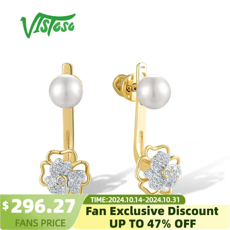 

VISTOSO Authentic 14K 585 Yellow Gold Stud Earrings For Women Sparkling Diamonds Fresh Water White Pearl Fancy Fine Jewelry