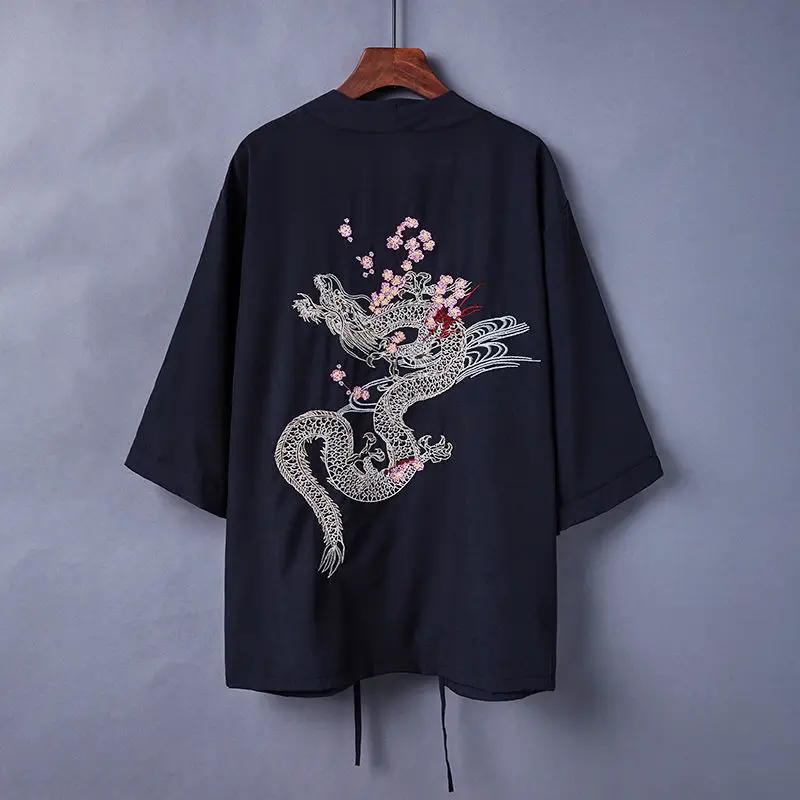 Chinese Style Machine Embroidery Cherry Blossom Dragon Storm Angel Kimono Cardigan Robe Haori Sun Protection Clothing Couple Coa