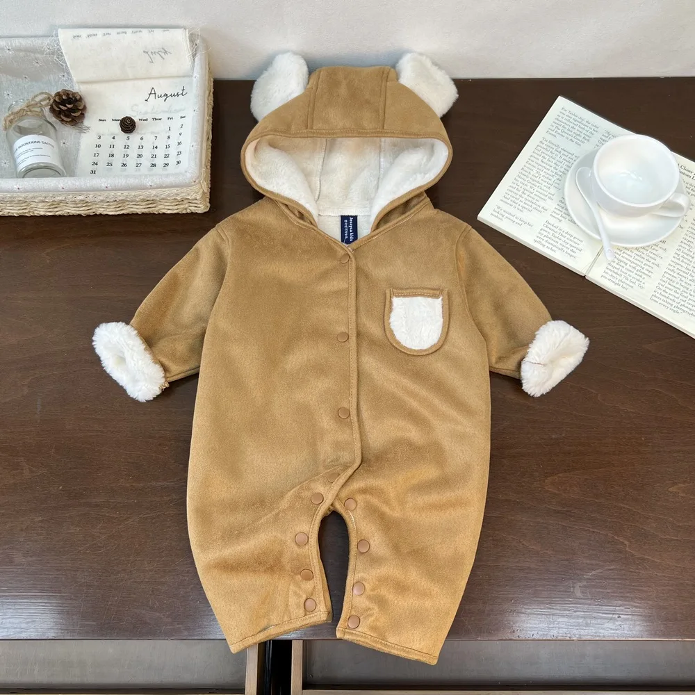 2026 Winter New Baby Plus Velvet Thick Romper Boy Girl Newborn Long Sleeve Warm Cute Bear Hooded Jumpsuit Infant Fleece Clothes