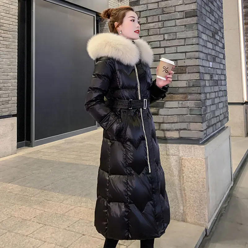 

Winter Fashion Women Down Jacket with Large Fur Neck Long Coat 90% White Duck Thickened Parkas R477