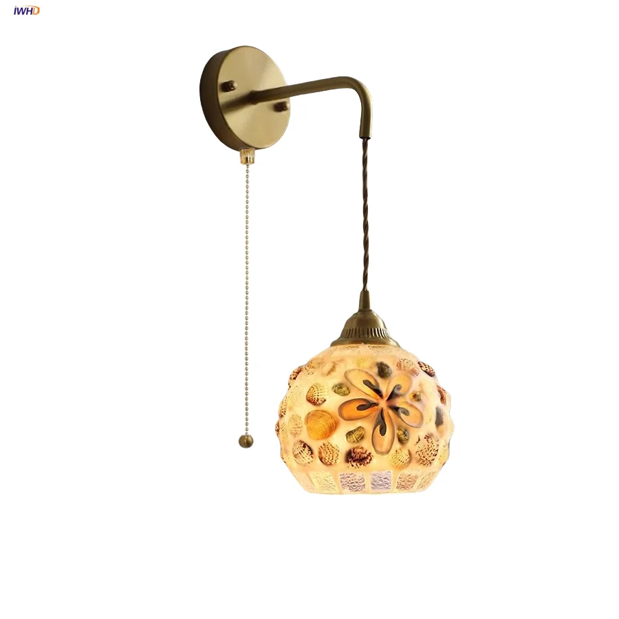 

IWHD Nordic Modern LED Wall Lamp Sconce Pull Chain Switch Bedroom Living Room Natural Shell Colored Glass Stair Light Fixtures