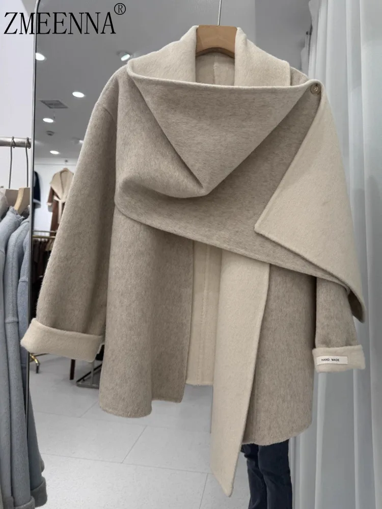 

ZMEENNA женское короткое шерстяное пальто со съемным шалью-воротником с открытой передней частью, теплая зимняя верхняя одежда, свободная одежда больших размеров ZM4384