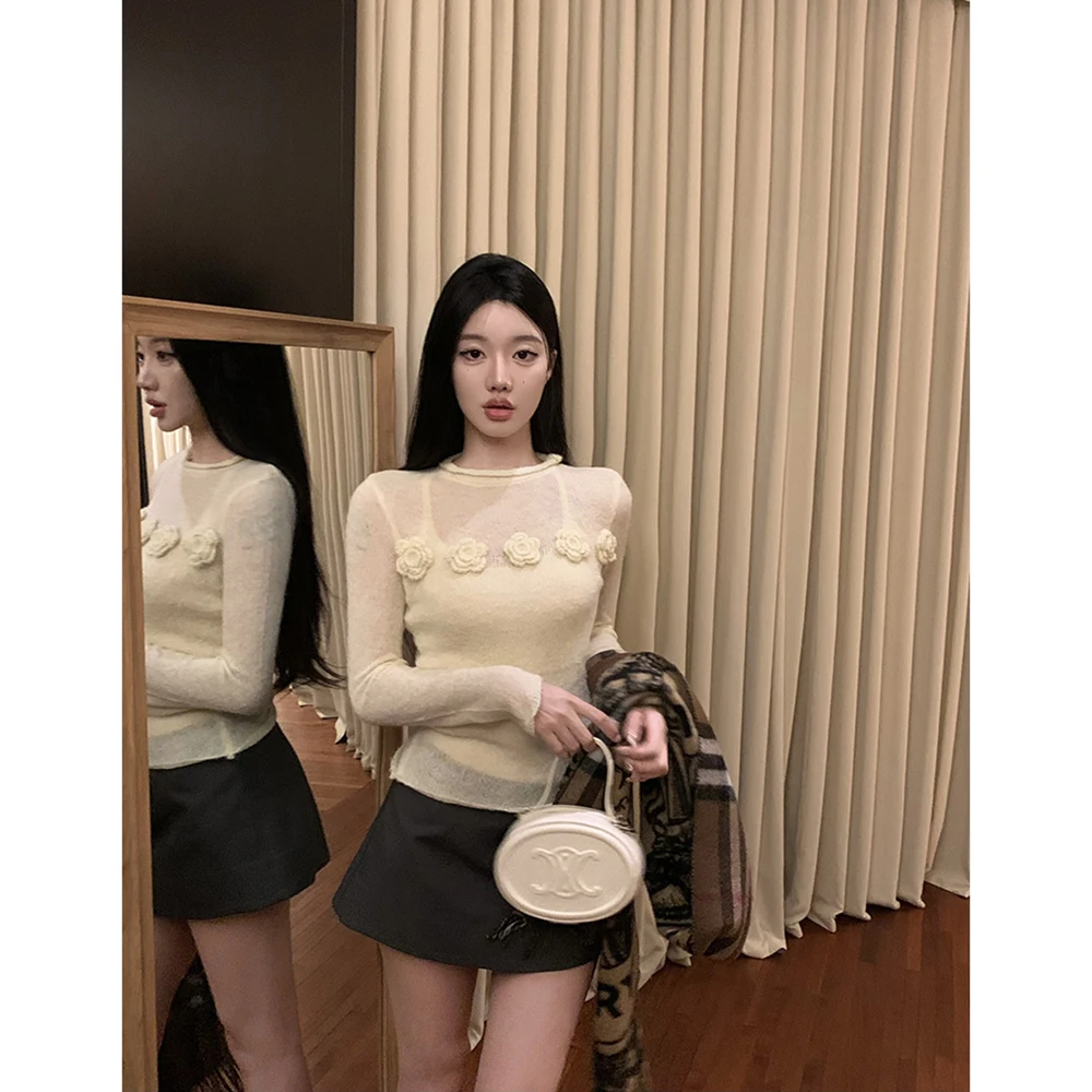 3D Floral Knitted Sweater Pullover Thin Perspective Pull Femme Y2k Top Sun Protection Shirt Korean Fashion Sueter Mujer