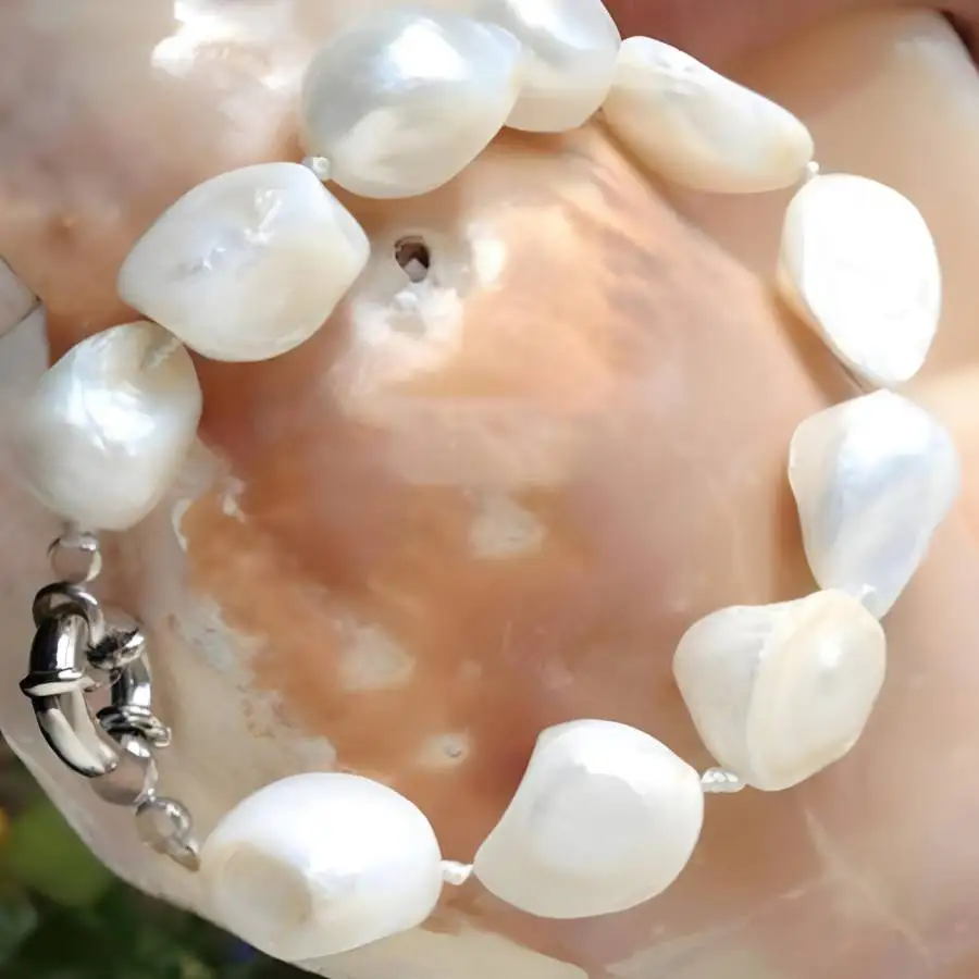 Huge 12-14mm White Natural Cultured Baroque Pearl Bracelet 7.5