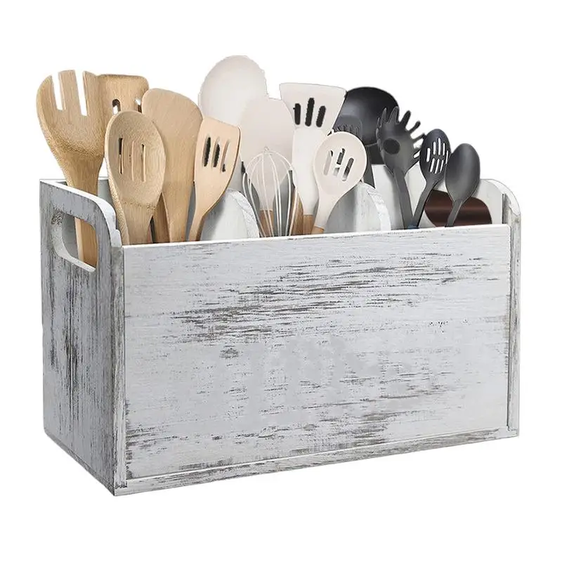 

Kitchen Tool Holder Wooden Large Capacity Utensil Holder Farmhouse Kitchenware Case With Handles Divided Cutlery Box For Counter