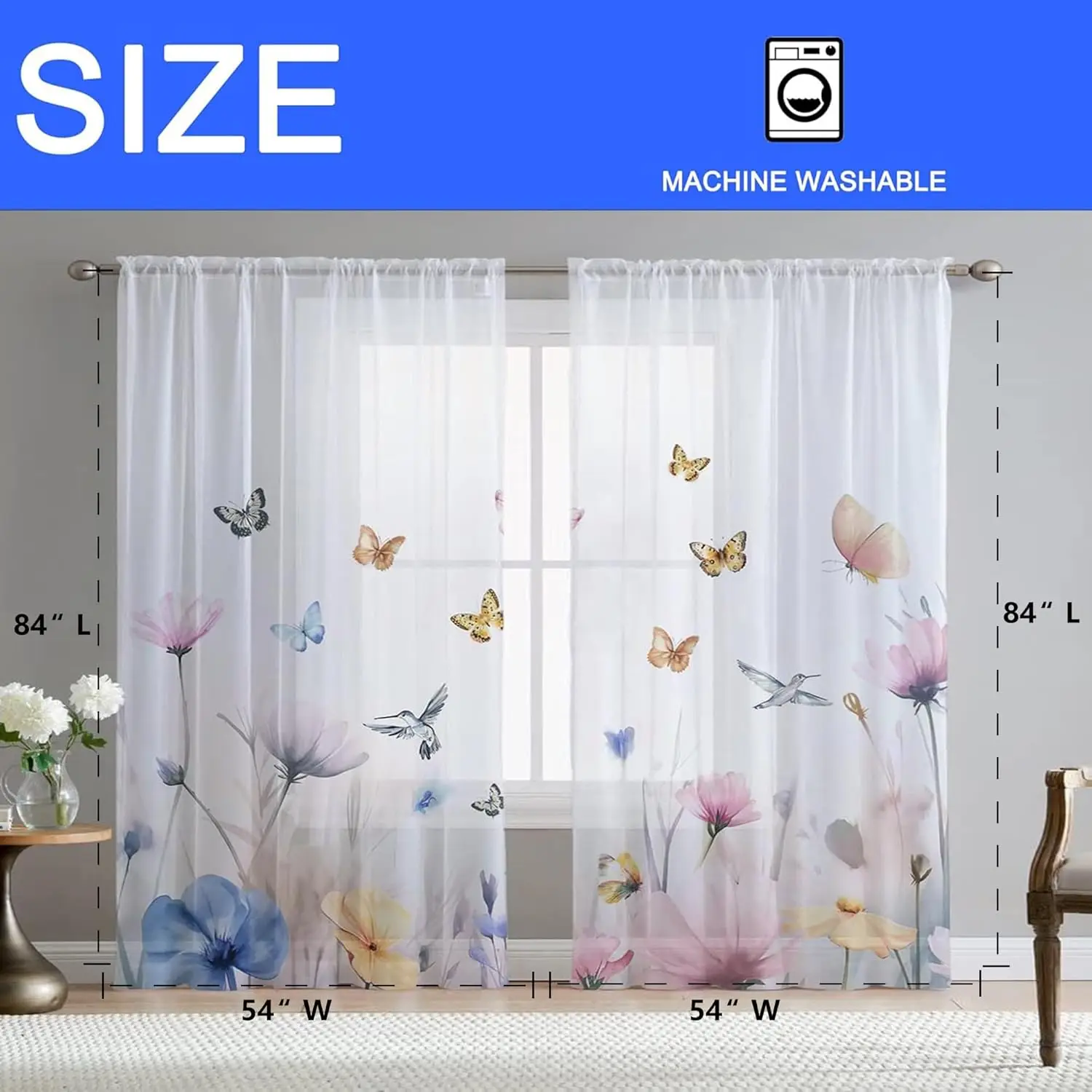 Sheer Floral Curtains Watercolor Butterfly Hummingbird Print for Living Room Window Decor