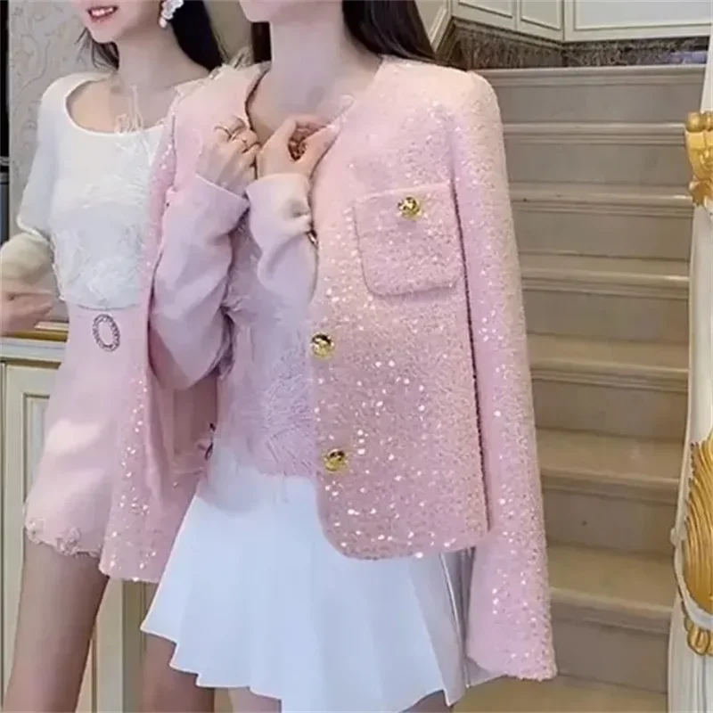 Pop Pop High End Small Fragrant Pink Women's Short Jacket Women's 2025 New Popular Spring And Autumn Coarse Woolen Jacket Female