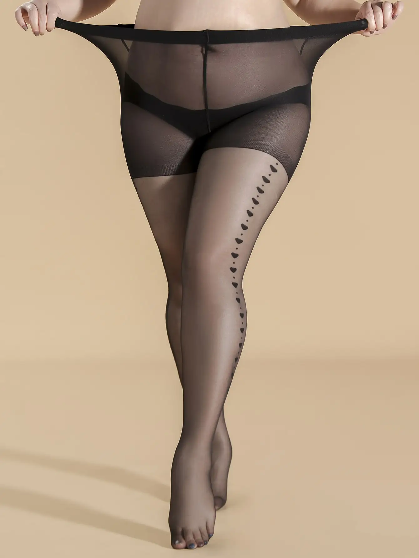 Large Size Transparent Black Casual Stockings, Women\'s Plus Heart Jacquard Side Semi Sheer High Rise Pantyhose