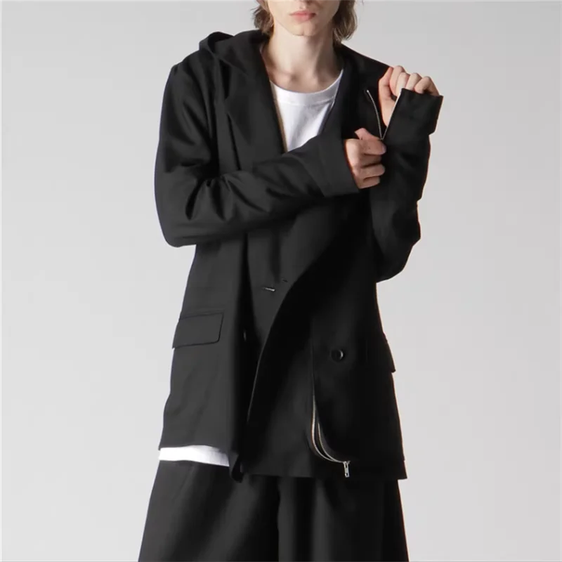 New men's hooded loose suit autumn and winter double breasted casual long-sleeved large-size coat