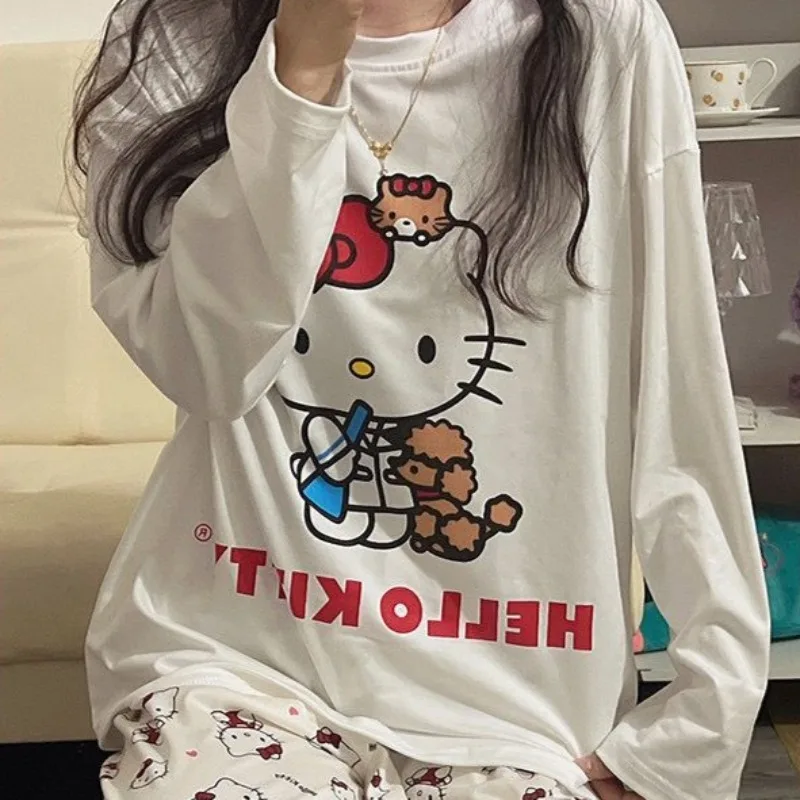 Cute Hellokitty Cartoon Anime Printing Long Sleeve Pants Pajamas Set Sleepwear Women Loungewear Spring Autumn Girl Nightwear