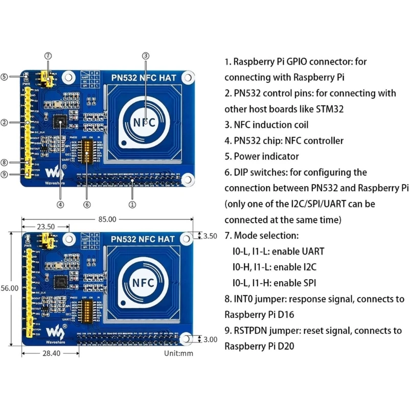 PN532 NFCHAT for RaspberryPi 4B/3B+/3B/2B/ZeroW/ZeroWH/Zero2W/Zero2WH I2C/SPI/UART Interfaces Near Field Communication