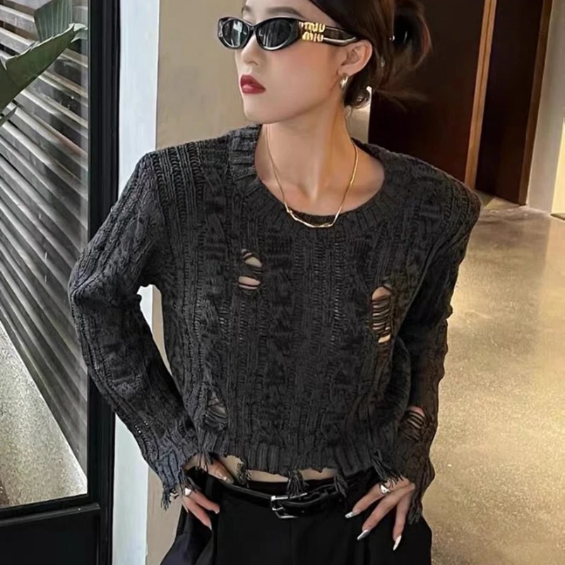 

Street Korean Hollow Out Knitted Pullovers Women Autumn Vintage Fashion Short Sweater Woman Openwork O neck Crop Tops Y2K 28922