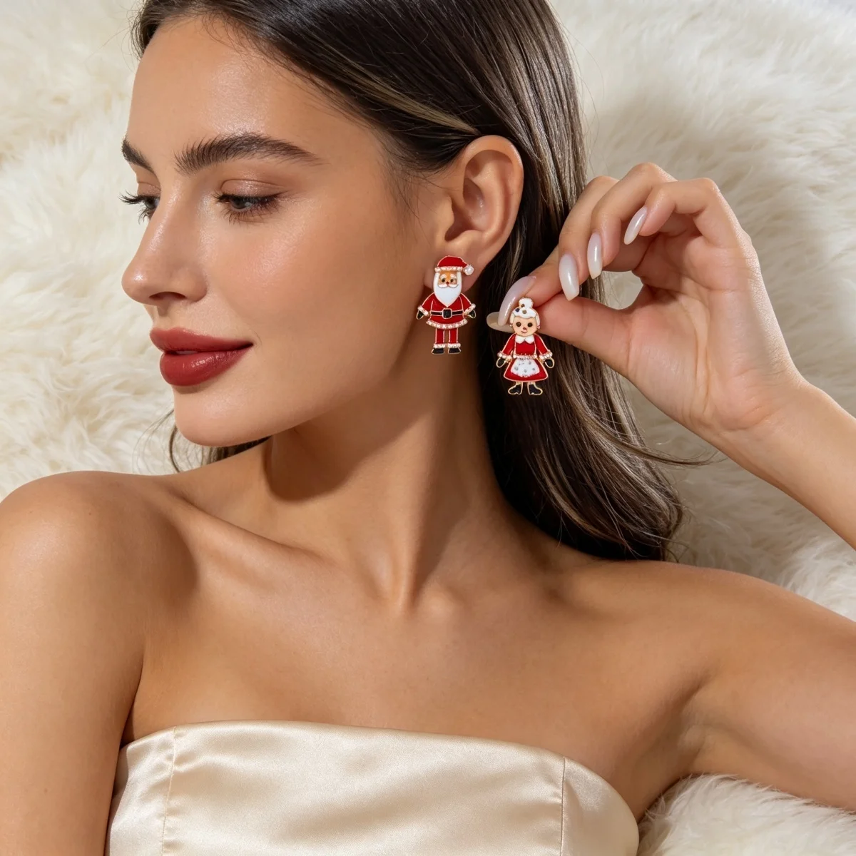 Kreative asymmetrische Ohrstecker mit Weihnachtsmann und Weihnachtsfrau mit langen Beinen für Damen, Imitationsperlen, Weihnachtsfiguren-Ohrringe, Schmuck – Detail 15