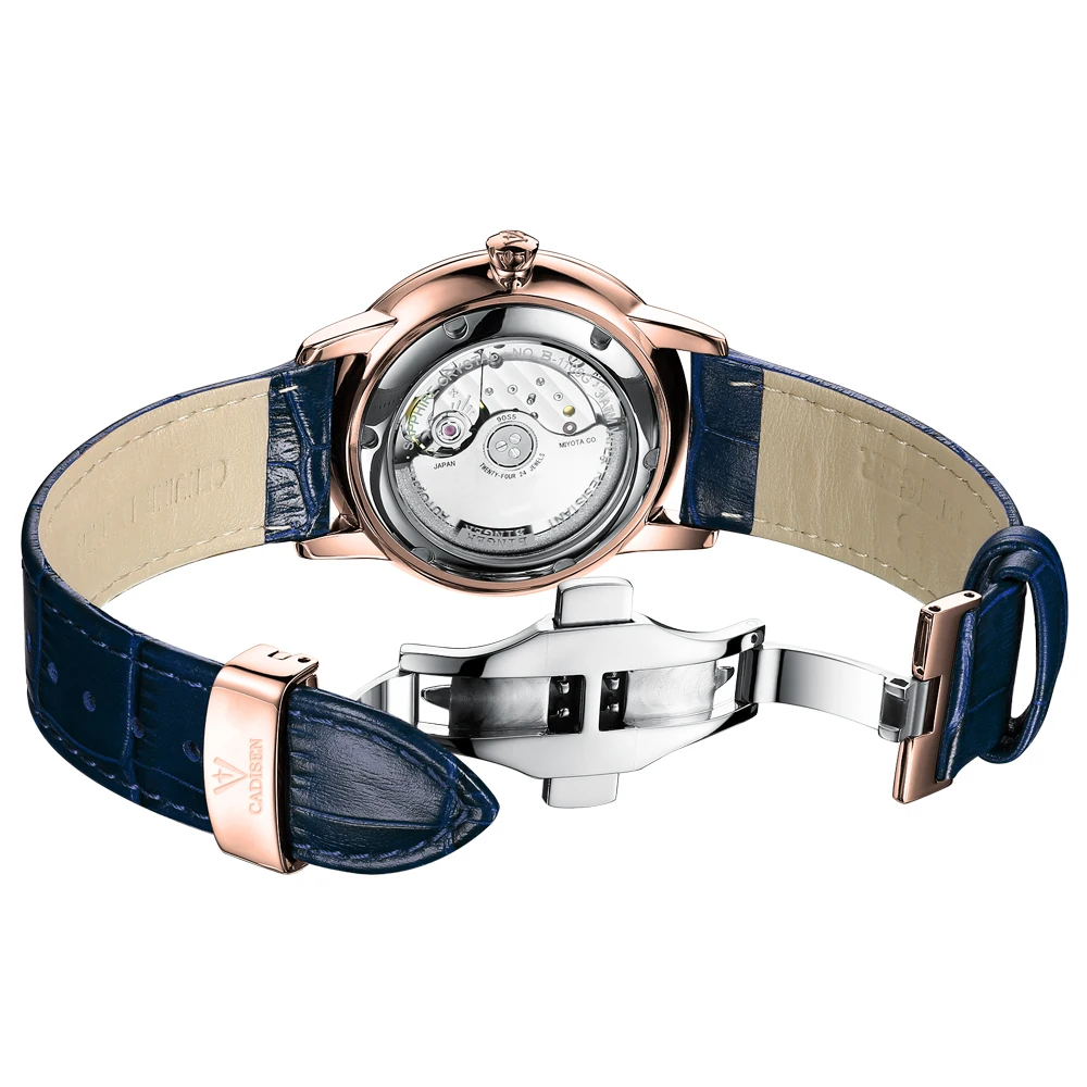 CADISEN Automatic Mechanical Watch Men Japan MIYOTA 90S5 Sapphire Hollowed-out Genuine Leather 9.5mm Ultra-thin Dial Wristwatch