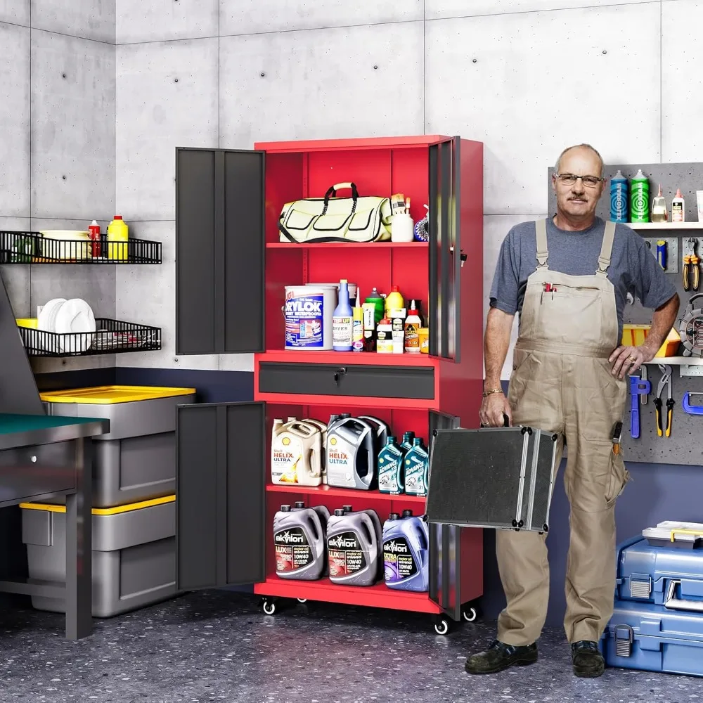 Czerwona metalowa szafka do przechowywania w garażu z kółkami, szufladą na kółkach i szafką z drzwiami do organizacji piwnicy