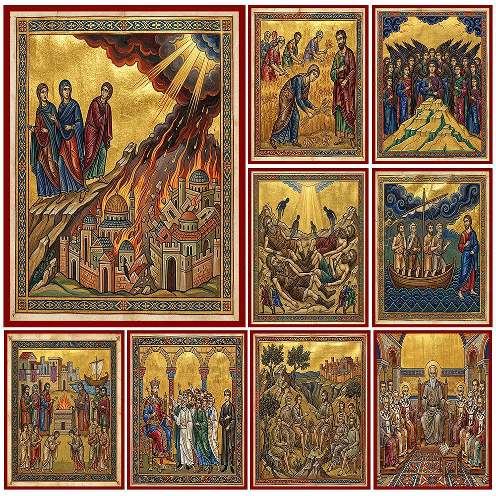 Vintage Byzantine Orthodox Religious Icon Print,Angels Group Souls Resurrection Jesus Disciples Walking On Water Wall Art Poster