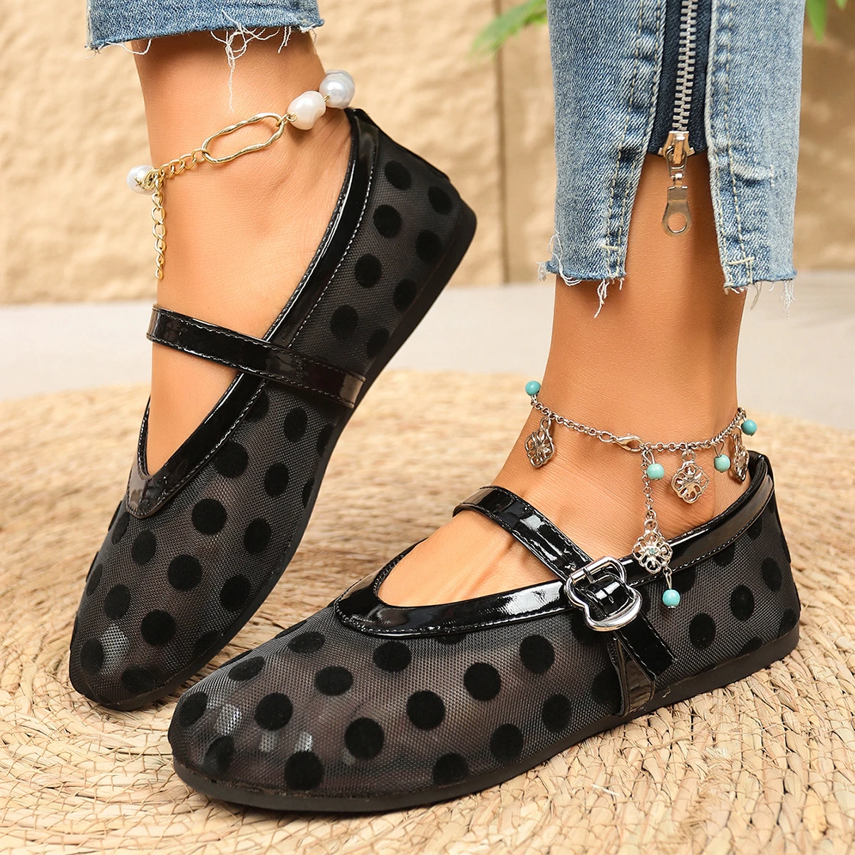 2026 Damen Ballerinas mit Netzstoff und Polka Dots, Vintage Mary Jane Schuhe mit runder Zehenpartie, Übergrößen Damenschuhe Größe 36-43 – Detail 8