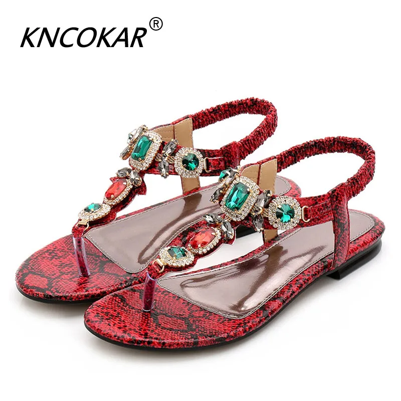 Summer New Fund Of Clip-Toed Beach Shoe Ethical Wind Water Drills Beaded Flat Bottom Shoe Snake Grain Bohemian Big yard Sandals