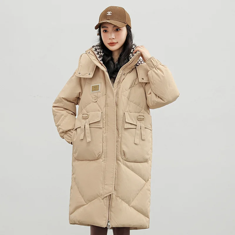 Winter New Loose and Fashionable Straight Tube Hooded Down Cotton Women's Mid to Long Cold Resistant Cotton Jacket