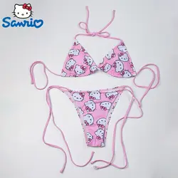 Sanrio Hello Kitty damskie różowe zestaw Bikini Y2k 2023 słodkie kreskówki nadrukowane bez rękawów seksowne Bikini zestaw do pływania na wakacje na plaży