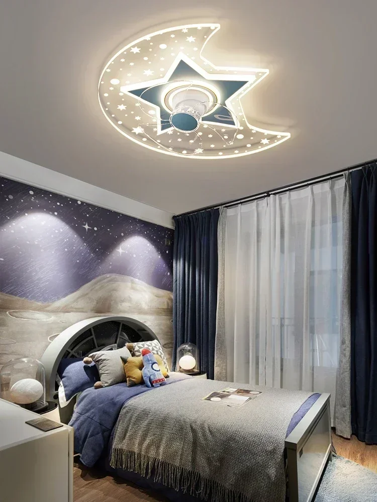 Star Moon Design Kids Room Fan Light Romantic Shake Head Integrated Fan Lamp For Bedroom