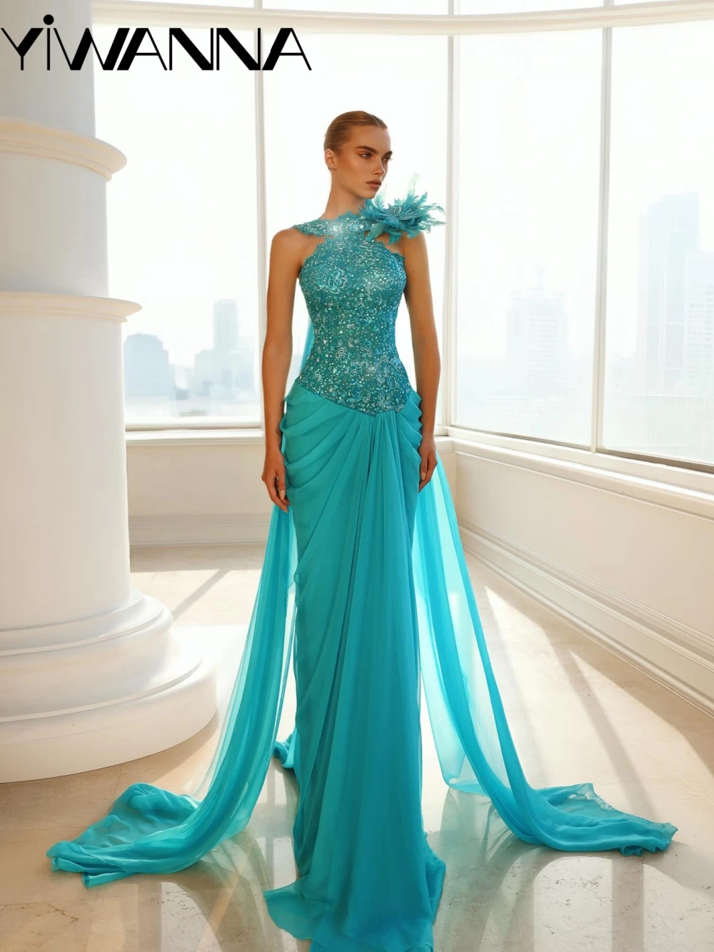 

Shiny Beaded Chiffon Long Evening Dress With Feathers Stylish Halter Sleeveless Wedding Party Gown 2026 Customized Prom Dresses