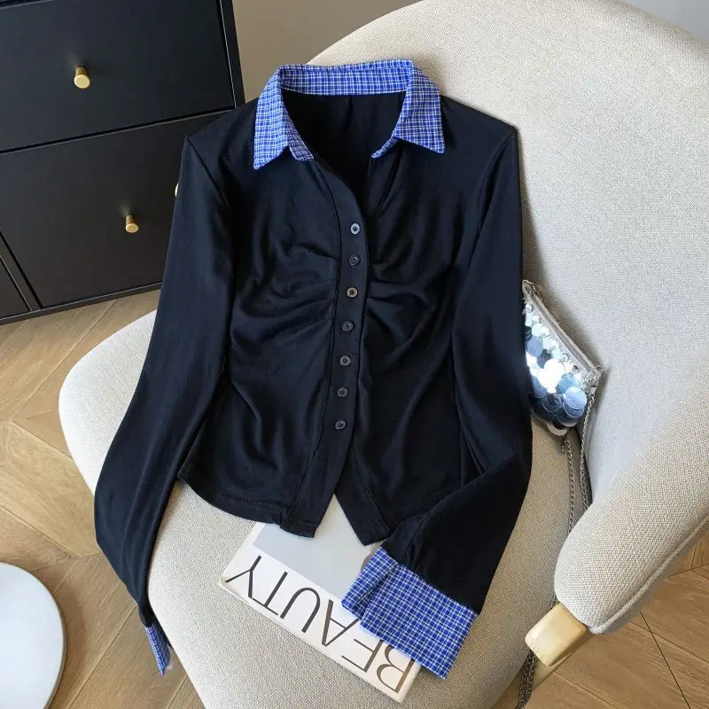 

Pleated Plaid Patchwork Korean Tops Tees Spring Autumn New Polo Neck Button Contrast Fashion T Shirts Casual Trend Women Clothes
