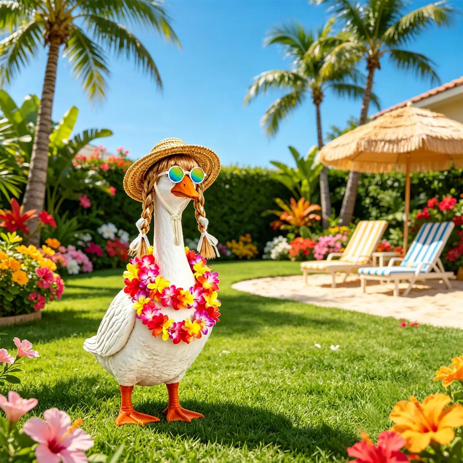 Goose Statue Costume for Garden Patio Porch with Hairpiece Straw Hat Reflective Sunglasses and Flower Lei Tropical Theme