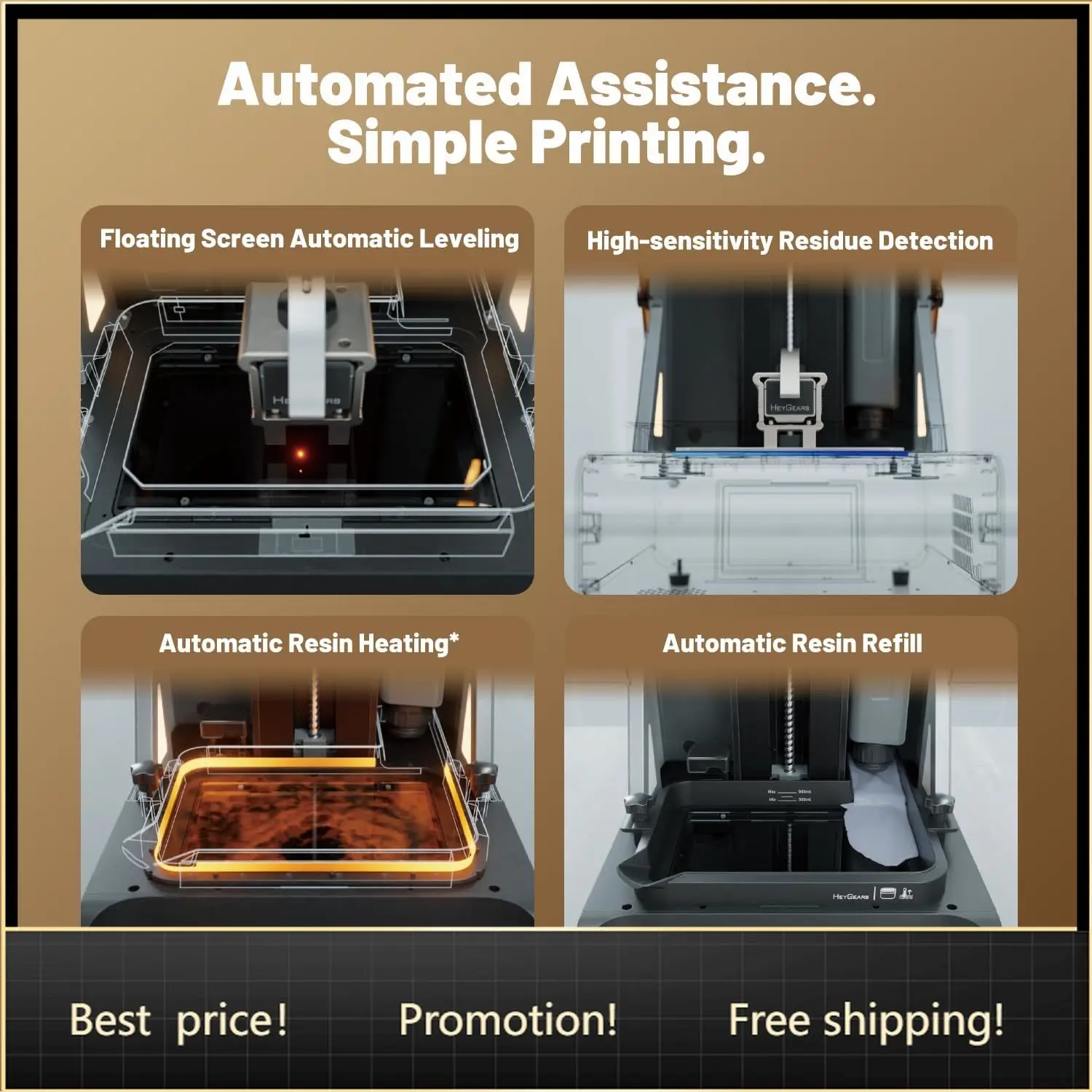 Reflex RS Turbo Resin 3D Printer with Amber Screen, High Contrast Ratio of 566:1, Delivering ±2μm High Precision and 4.5s/Layer