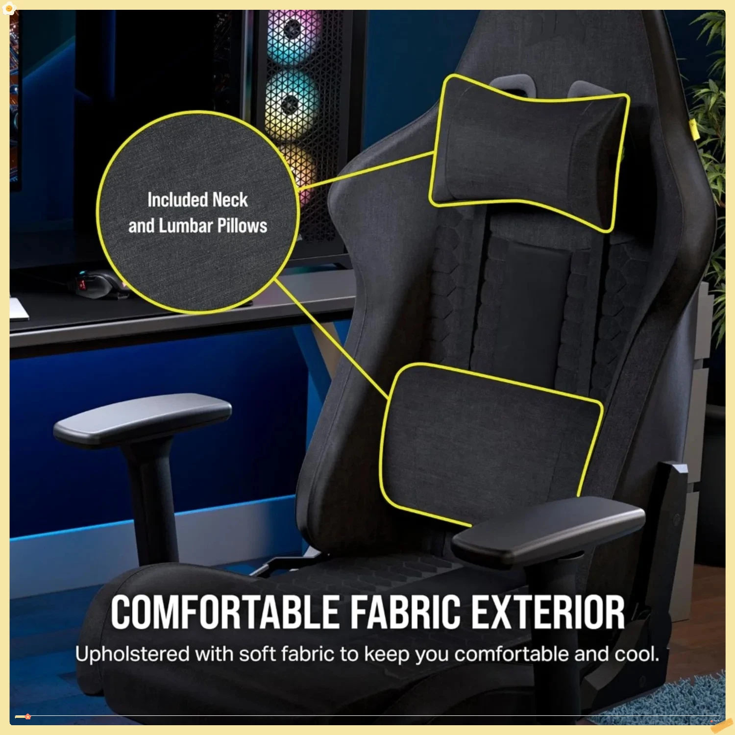Relaxed Gaming Chair - Fabric - Racing-Inspired Design - Lumbar Pillow - Detachable Memory Foam Neck Pillow