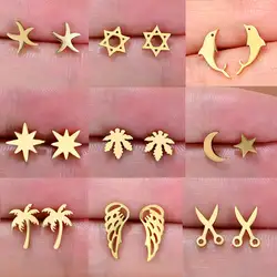 Stainless Steel Mini Earrings Girls Minimalist Punk Gold Color Coconut Tree Dolphin Star Moon Stud Earring Party Jewelry Brincos