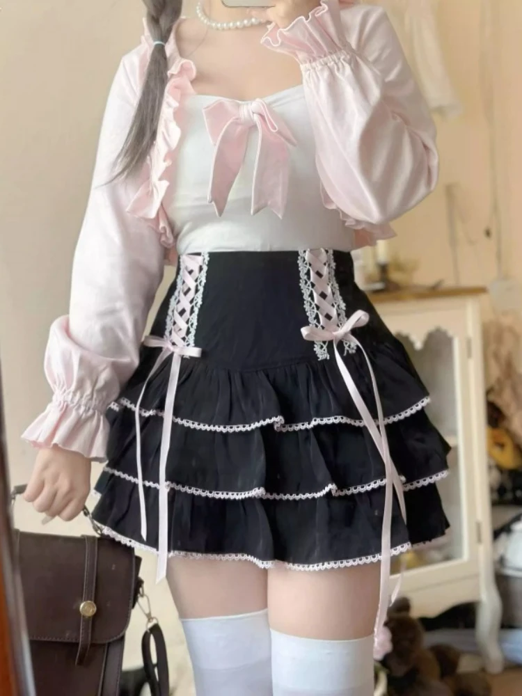 2024 Japanese Kawaii Lolita Style Pleated Skirts Women High Waist Pink Bandage Fairy Y2k Aesthetic Skirt Cute Faldas Mujer Moda